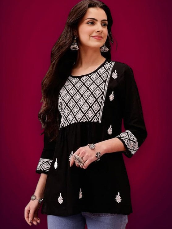 Black Cotton Round Neck Chikankari Kurta