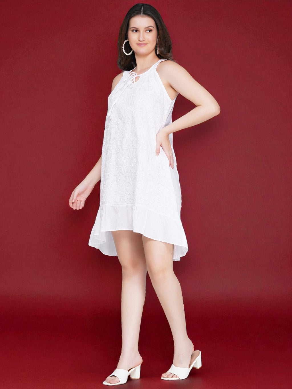 Women's White Cotton Hand-Embroidered Chikankari Dress with Halter Neck