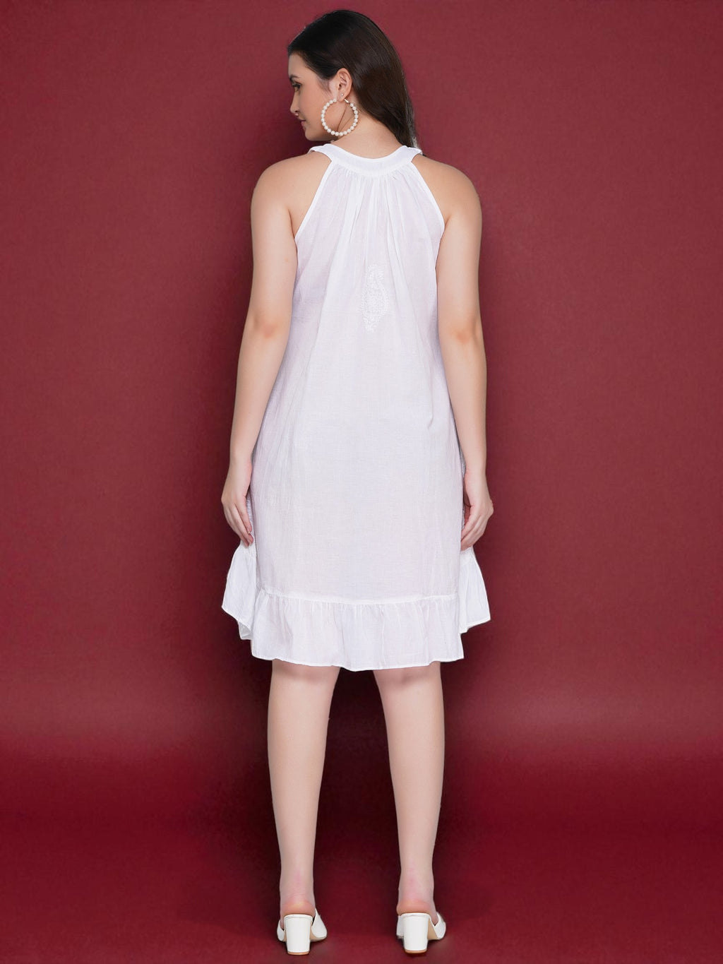 Women's White Cotton Hand-Embroidered Chikankari Dress with Halter Neck