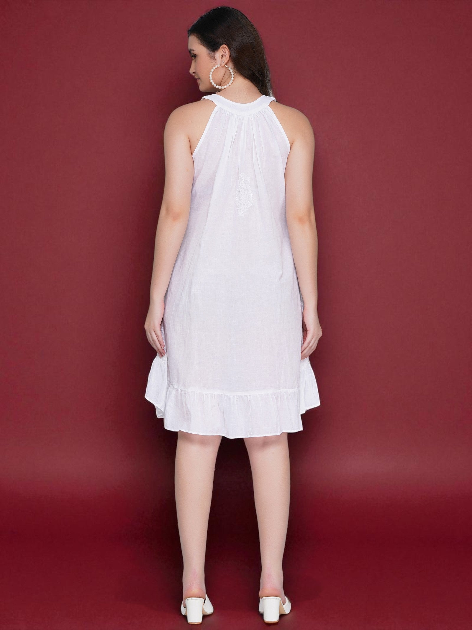Women's White Cotton Hand-Embroidered Chikankari Dress with Halter Neck