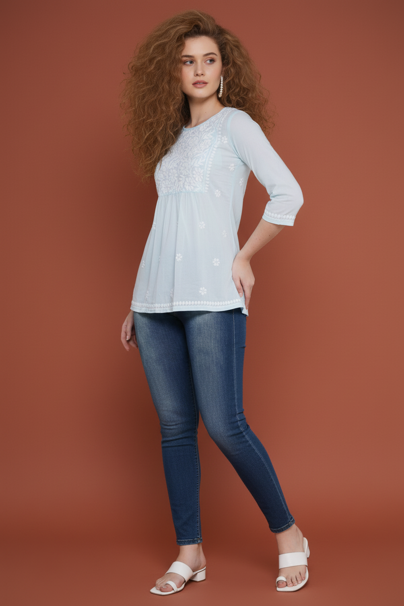Chikankari Top for Women | Pure Cotton 27 Inch Kurti | Hand Embroidered Lucknowi Kurta