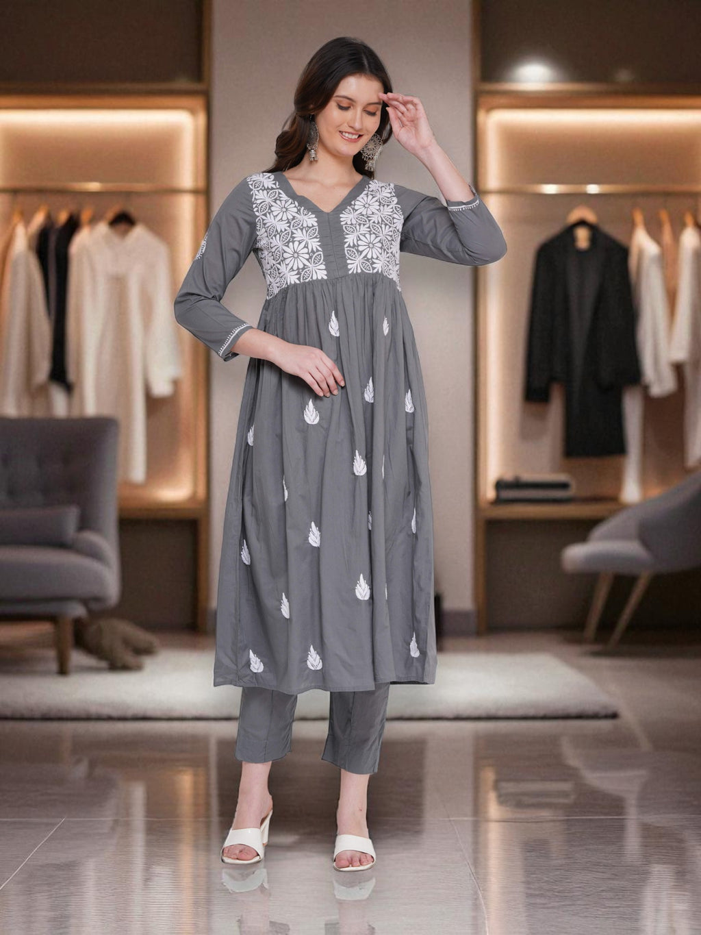 Cotton Chikankari Grey V-Neck Kurta for Women | 3/4 Sleeves | 46 Inch Length