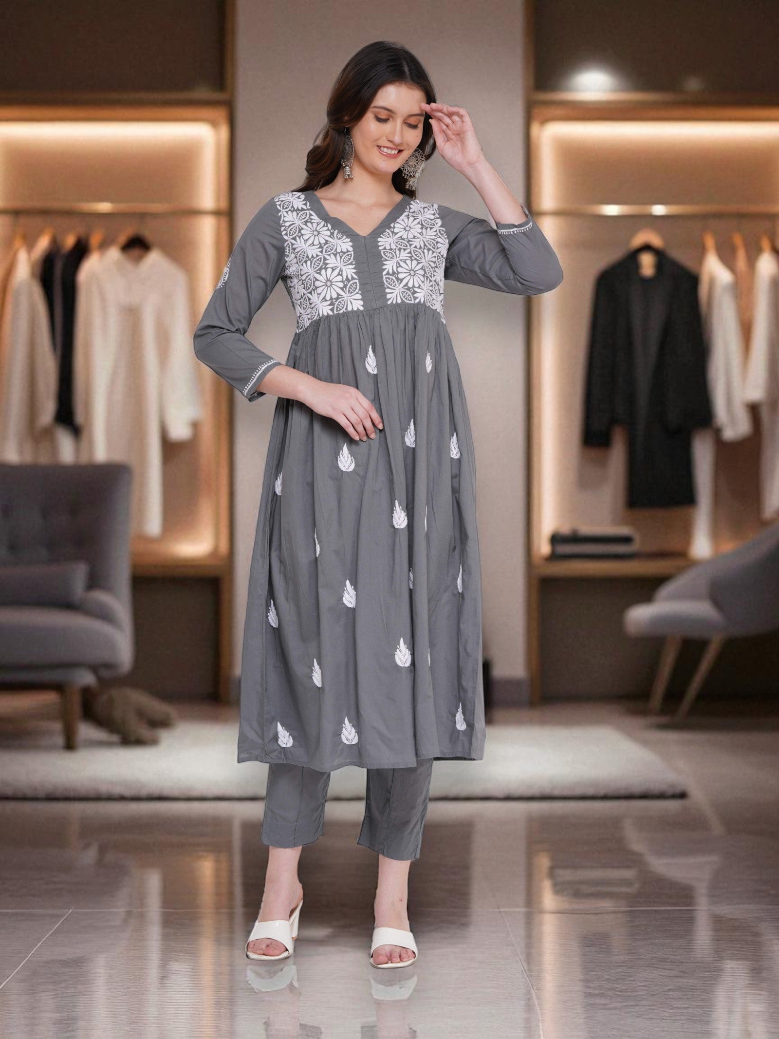 Cotton Chikankari Grey V-Neck Kurta for Women | 3/4 Sleeves | 46 Inch Length