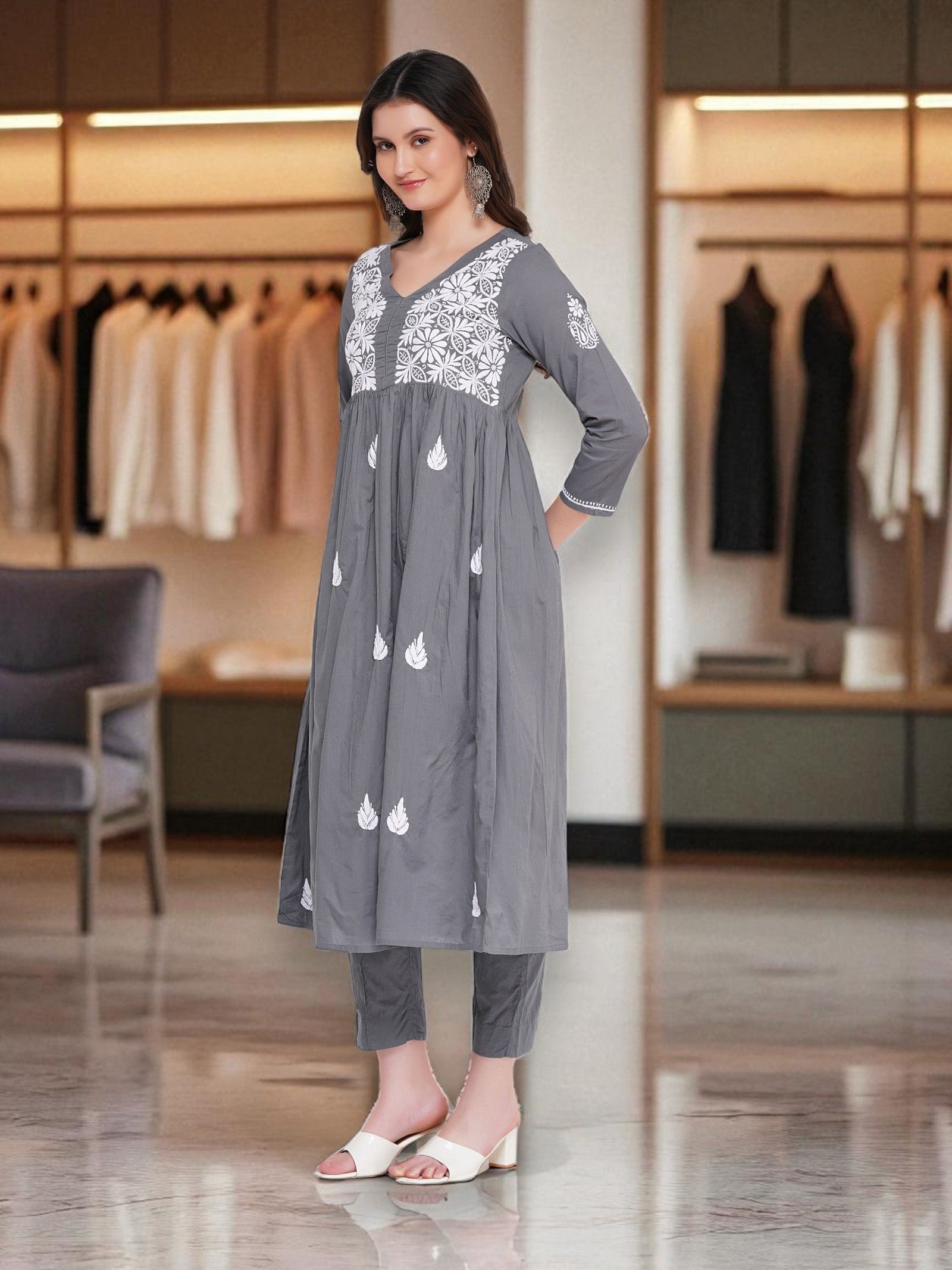 Cotton Chikankari Grey V-Neck Kurta for Women | 3/4 Sleeves | 46 Inch Length