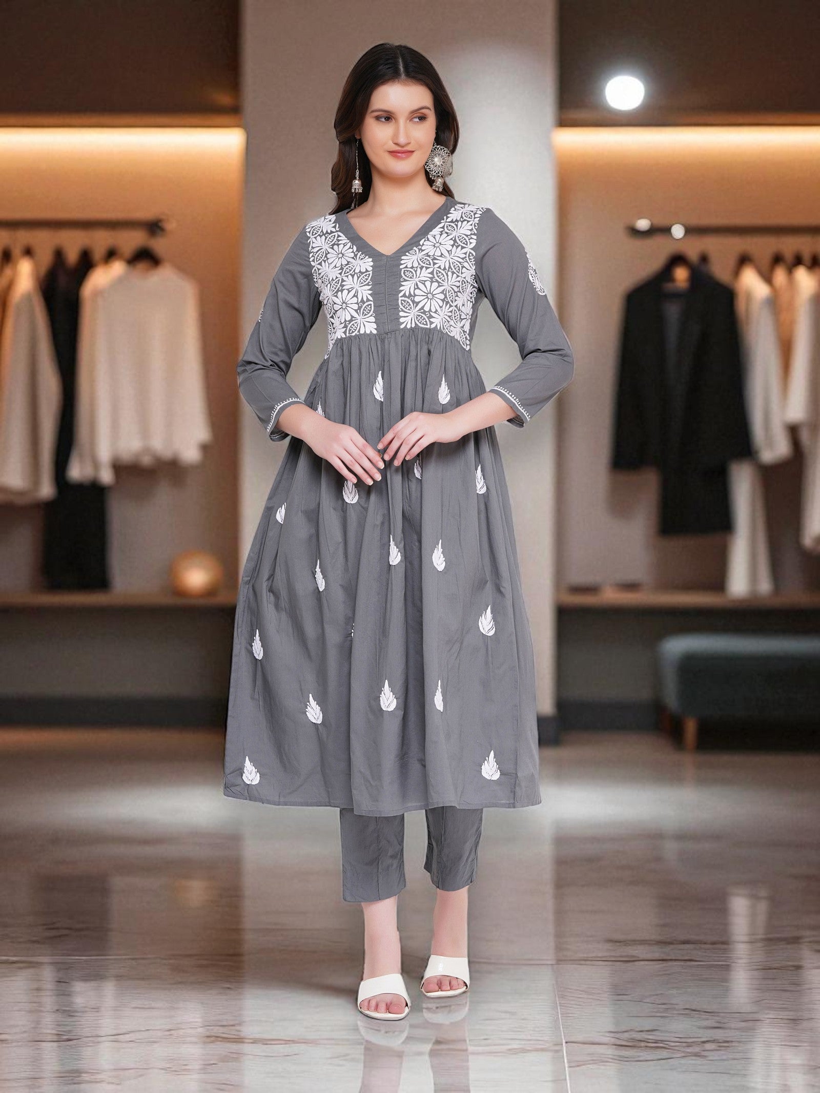 Cotton Chikankari Grey V-Neck Kurta for Women | 3/4 Sleeves | 46 Inch Length