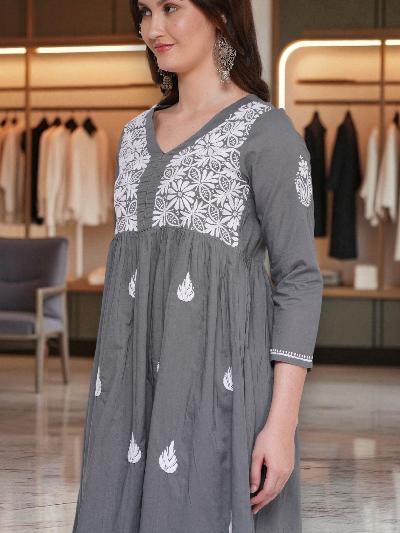 Cotton Chikankari Grey V-Neck Kurta for Women | 3/4 Sleeves | 46 Inch Length