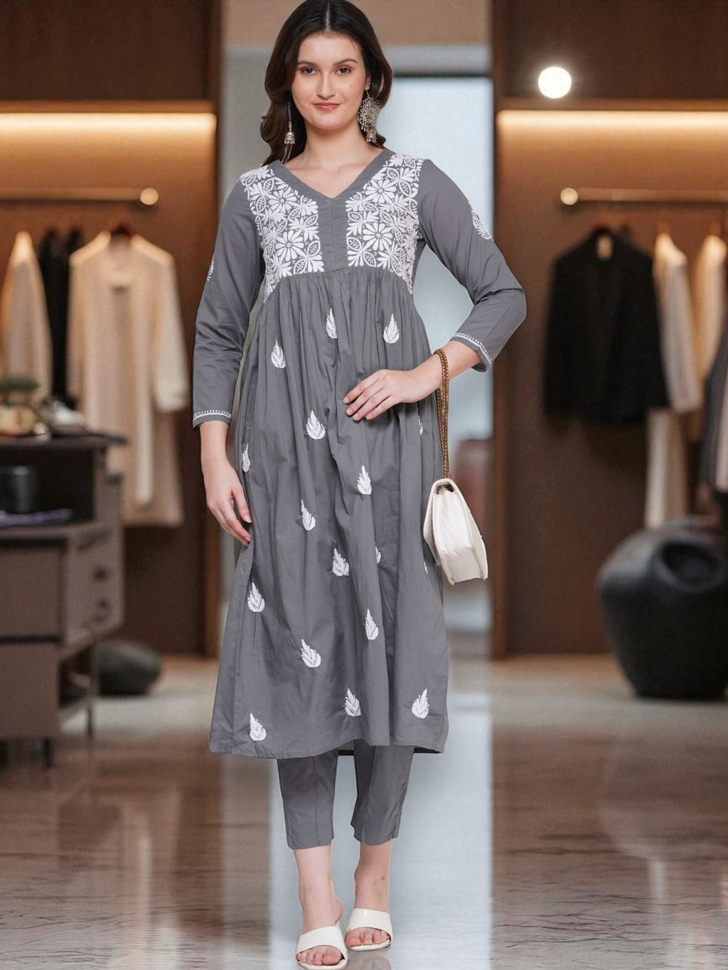 Cotton Chikankari Grey V-Neck Kurta for Women | 3/4 Sleeves | 46 Inch Length