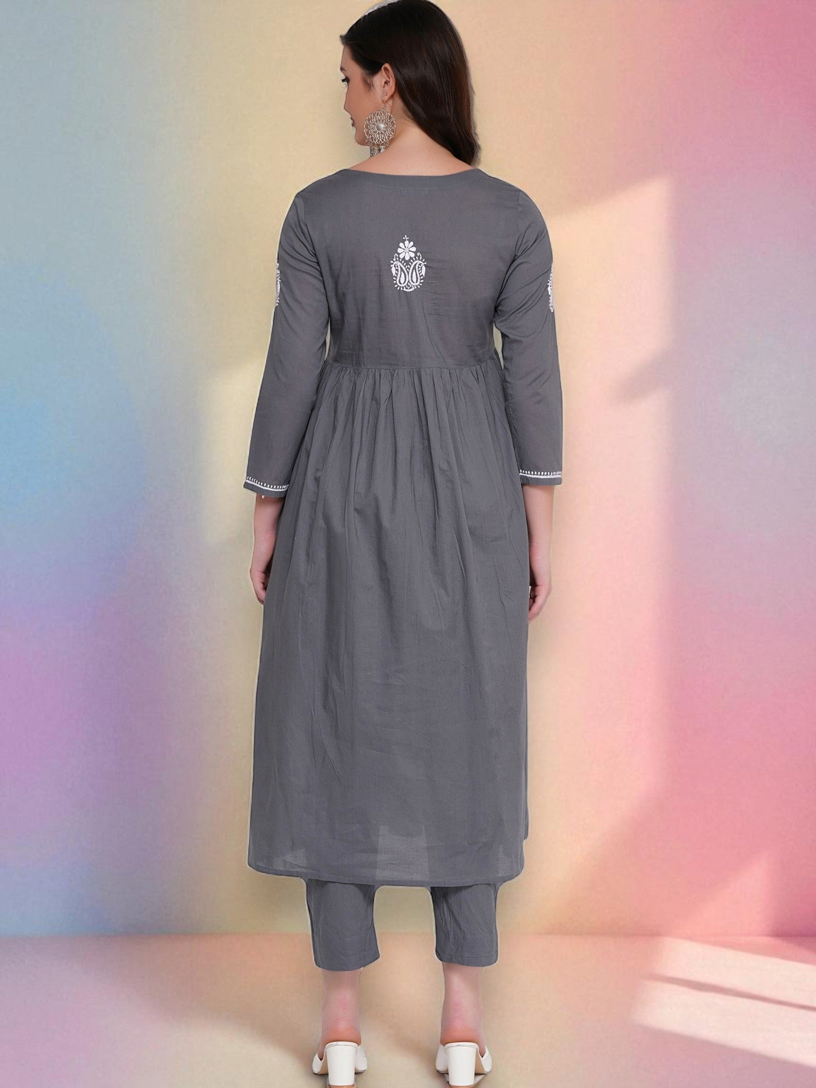 Cotton Chikankari Grey V-Neck Kurta for Women | 3/4 Sleeves | 46 Inch Length