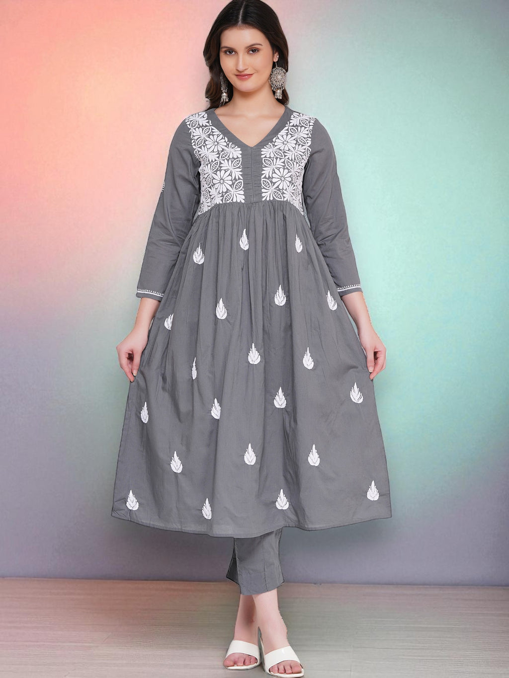 Cotton Chikankari Grey V-Neck Kurta for Women | 3/4 Sleeves | 46 Inch Length