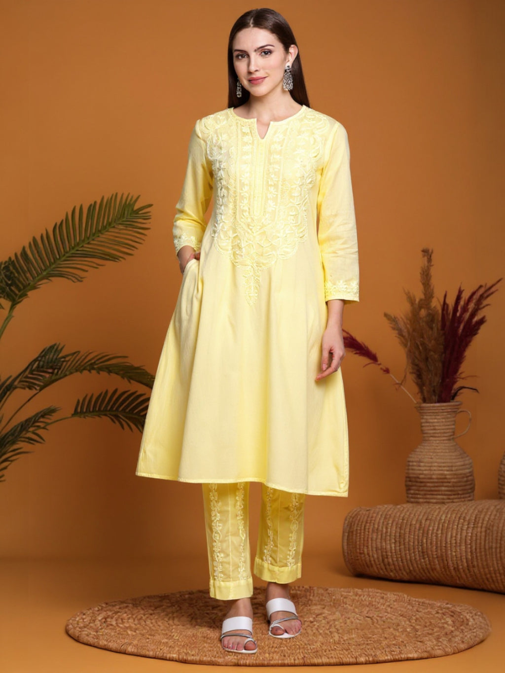 Light Yellow Women’s Cotton Chikankari Hand Embroidered A-Line Kurta | Round Neck, 3/4 Sleeves, 46 Inch Long Ethnic Wear