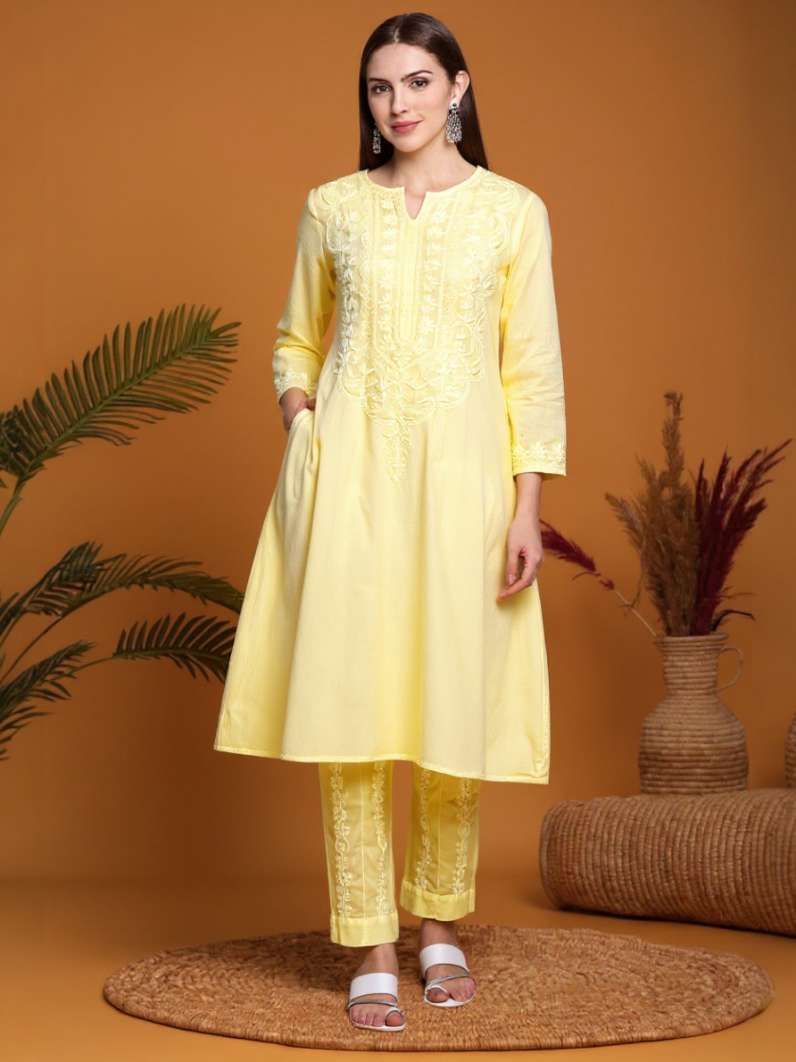 Light Yellow Women’s Cotton Chikankari Hand Embroidered A-Line Kurta | Round Neck, 3/4 Sleeves, 46 Inch Long Ethnic Wear