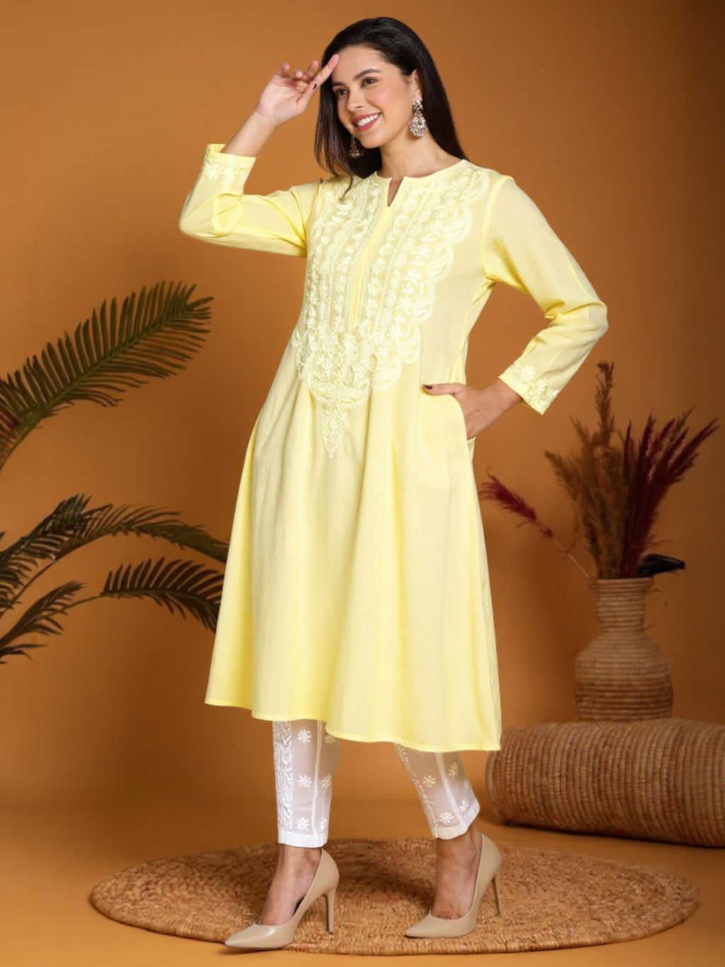 Light Yellow Women’s Cotton Chikankari Hand Embroidered A-Line Kurta | Round Neck, 3/4 Sleeves, 46 Inch Long Ethnic Wear