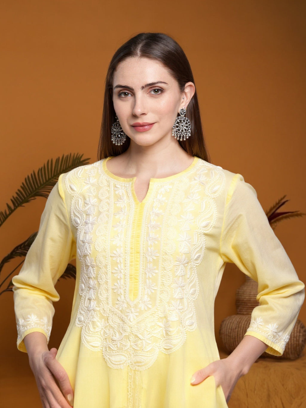Light Yellow Women’s Cotton Chikankari Hand Embroidered A-Line Kurta | Round Neck, 3/4 Sleeves, 46 Inch Long Ethnic Wear