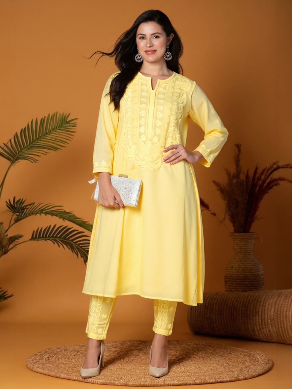 Light Yellow Women’s Cotton Chikankari Hand Embroidered A-Line Kurta | Round Neck, 3/4 Sleeves, 46 Inch Long Ethnic Wear