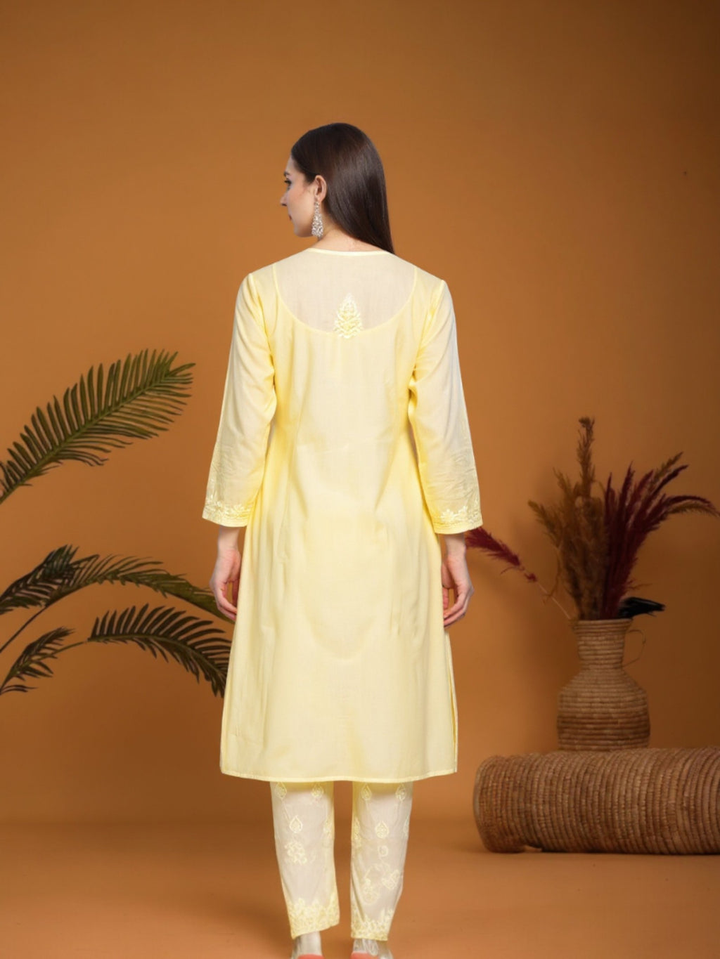 Light Yellow Women’s Cotton Chikankari Hand Embroidered A-Line Kurta | Round Neck, 3/4 Sleeves, 46 Inch Long Ethnic Wear