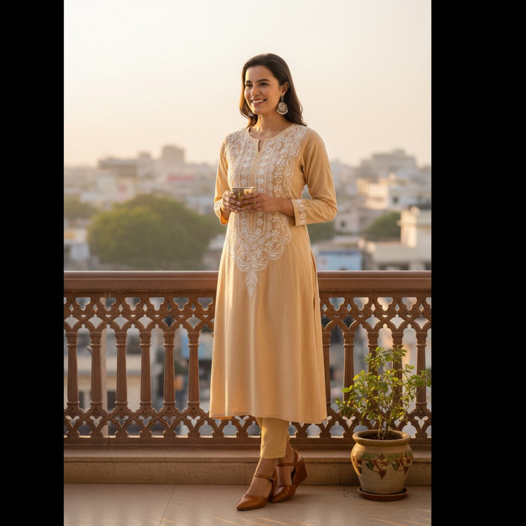 Beige Cotton Chikankari  Kurta