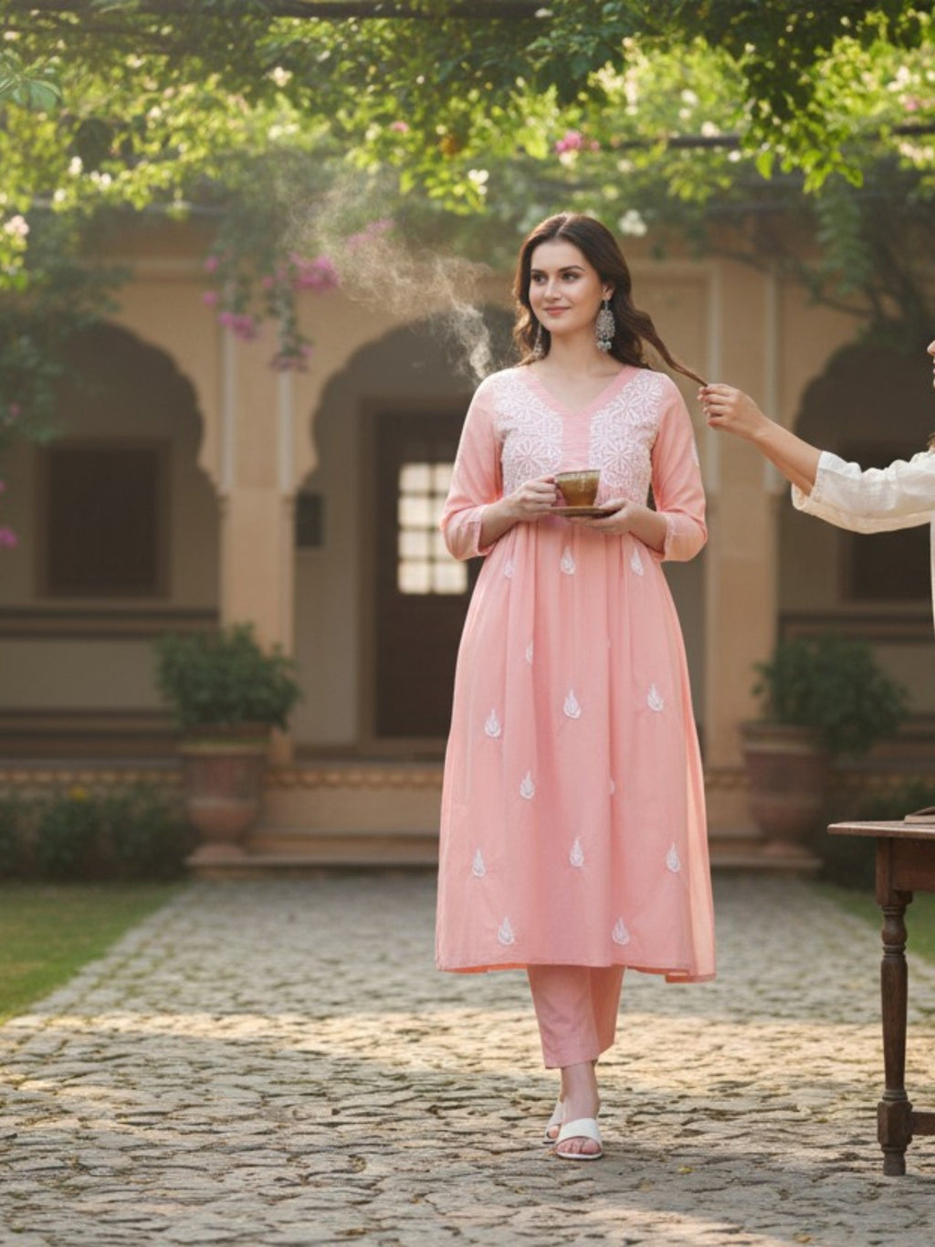 Light Red Cotton Chikankari V-Neck Kurta for Women | 3/4 Sleeves | 46 Inch Length