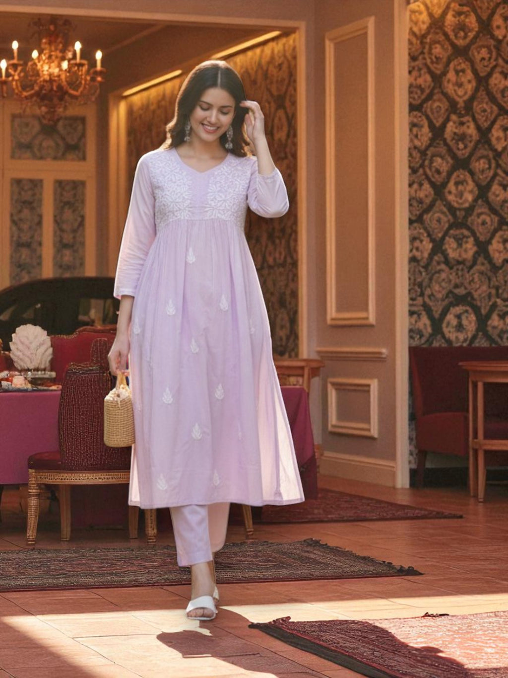 Light Purple Cotton Chikankari V-Neck Kurta for Women | 3/4 Sleeves | 46 Inch Length