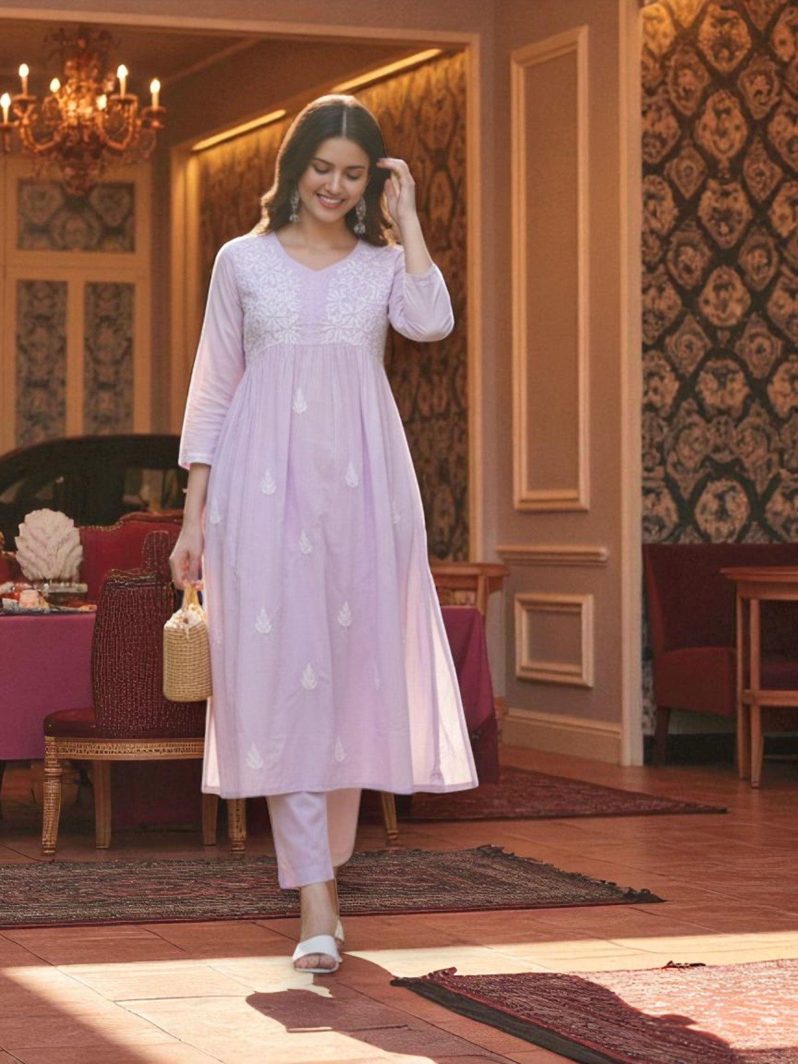 Light Purple Cotton Chikankari V-Neck Kurta for Women | 3/4 Sleeves | 46 Inch Length