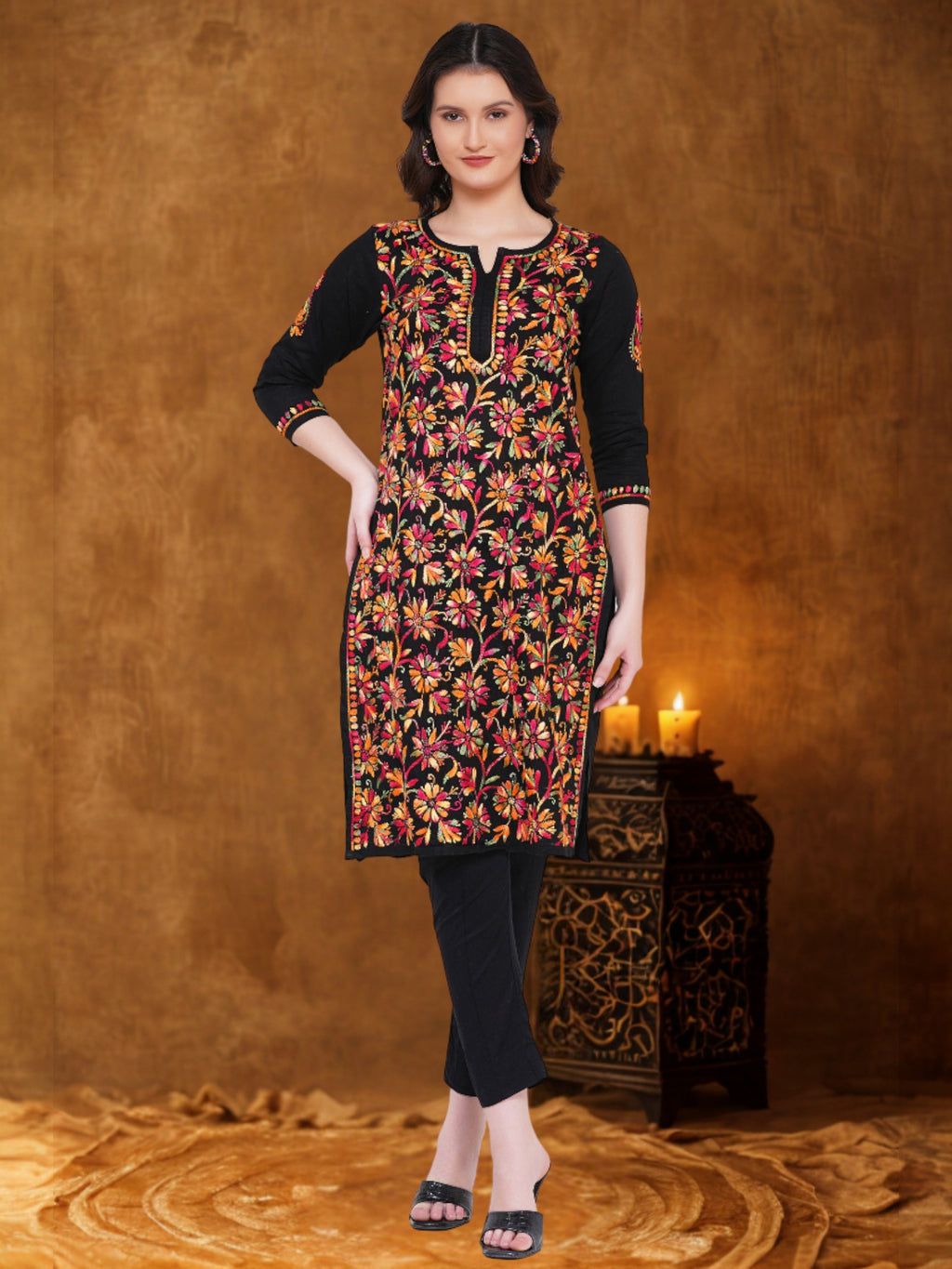 Women’s Black Cotton Multicolor Hand-Embroidered Chikankari Kurta – Round Neck, 3/4 Sleeves, 43 Inch Straight Fit Lucknowi Kurti