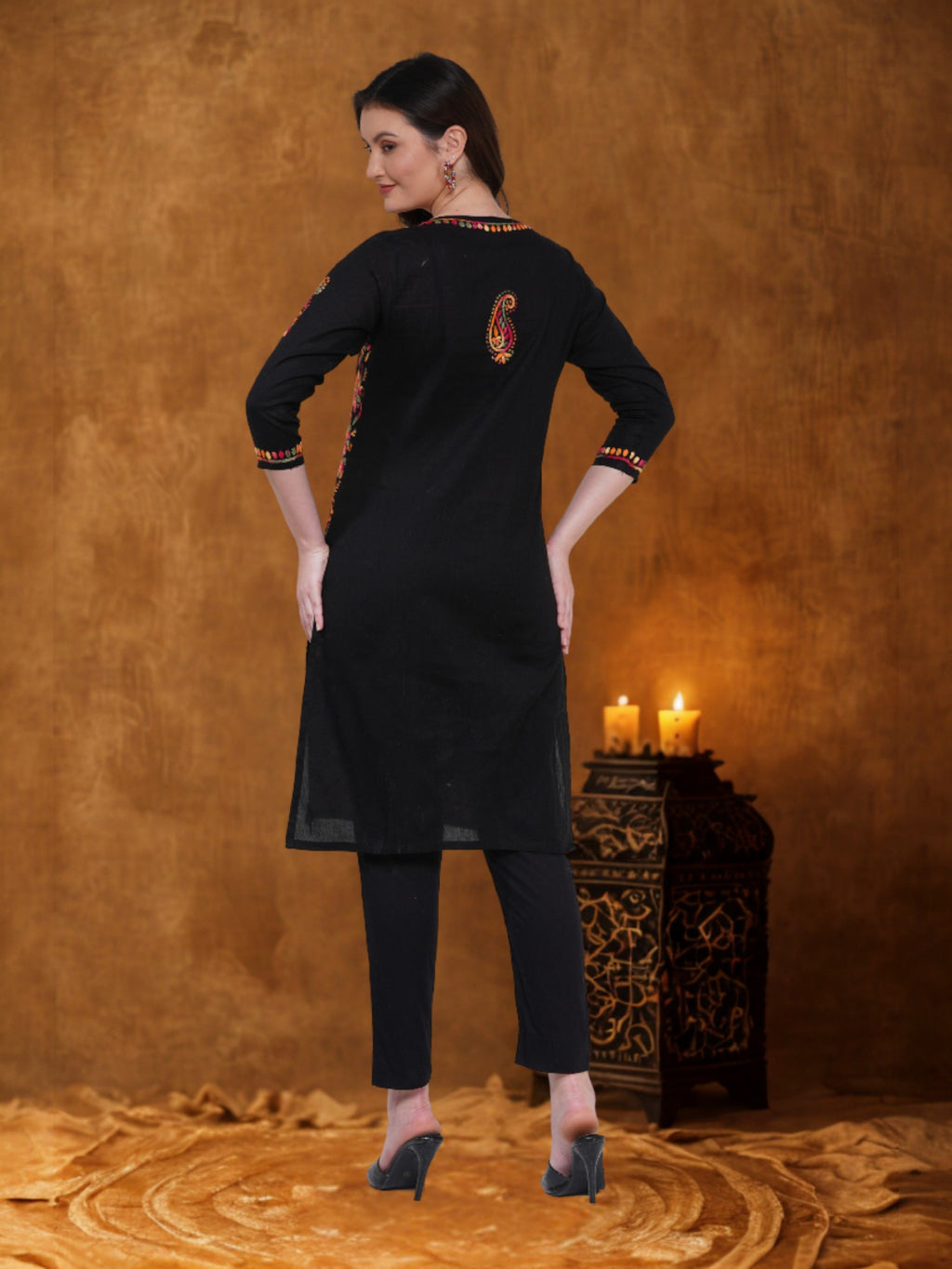 Women’s Black Cotton Multicolor Hand-Embroidered Chikankari Kurta – Round Neck, 3/4 Sleeves, 43 Inch Straight Fit Lucknowi Kurti