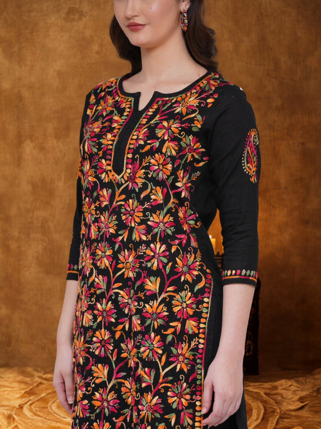 Women’s Black Cotton Multicolor Hand-Embroidered Chikankari Kurta – Round Neck, 3/4 Sleeves, 43 Inch Straight Fit Lucknowi Kurti