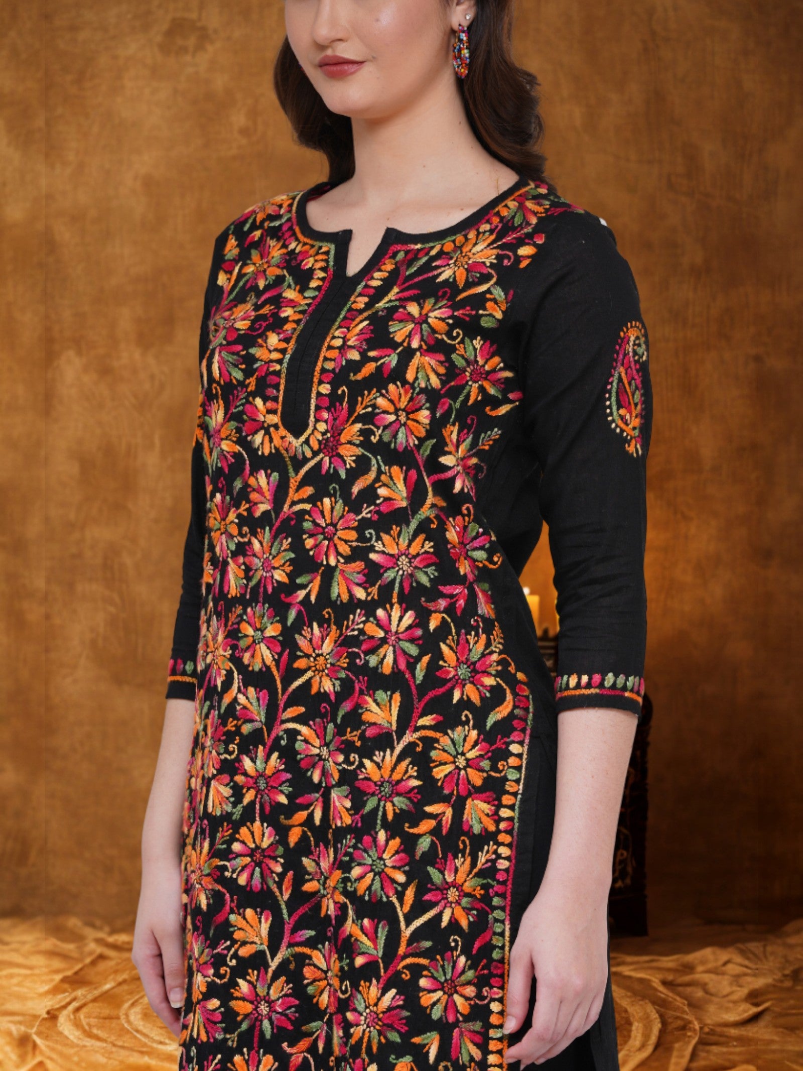 Women’s Black Cotton Multicolor Hand-Embroidered Chikankari Kurta – Round Neck, 3/4 Sleeves, 43 Inch Straight Fit Lucknowi Kurti