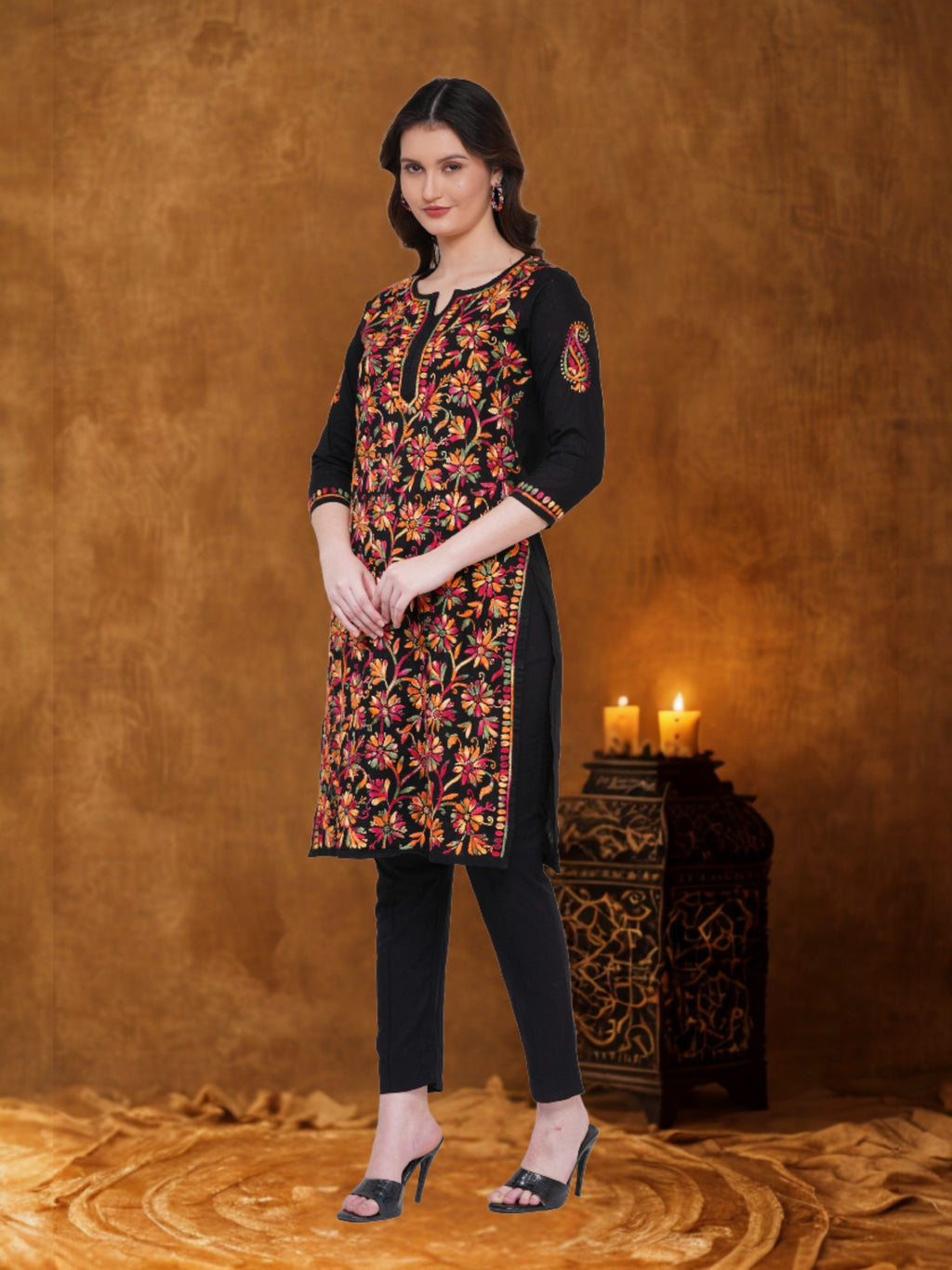 Women’s Black Cotton Multicolor Hand-Embroidered Chikankari Kurta – Round Neck, 3/4 Sleeves, 43 Inch Straight Fit Lucknowi Kurti