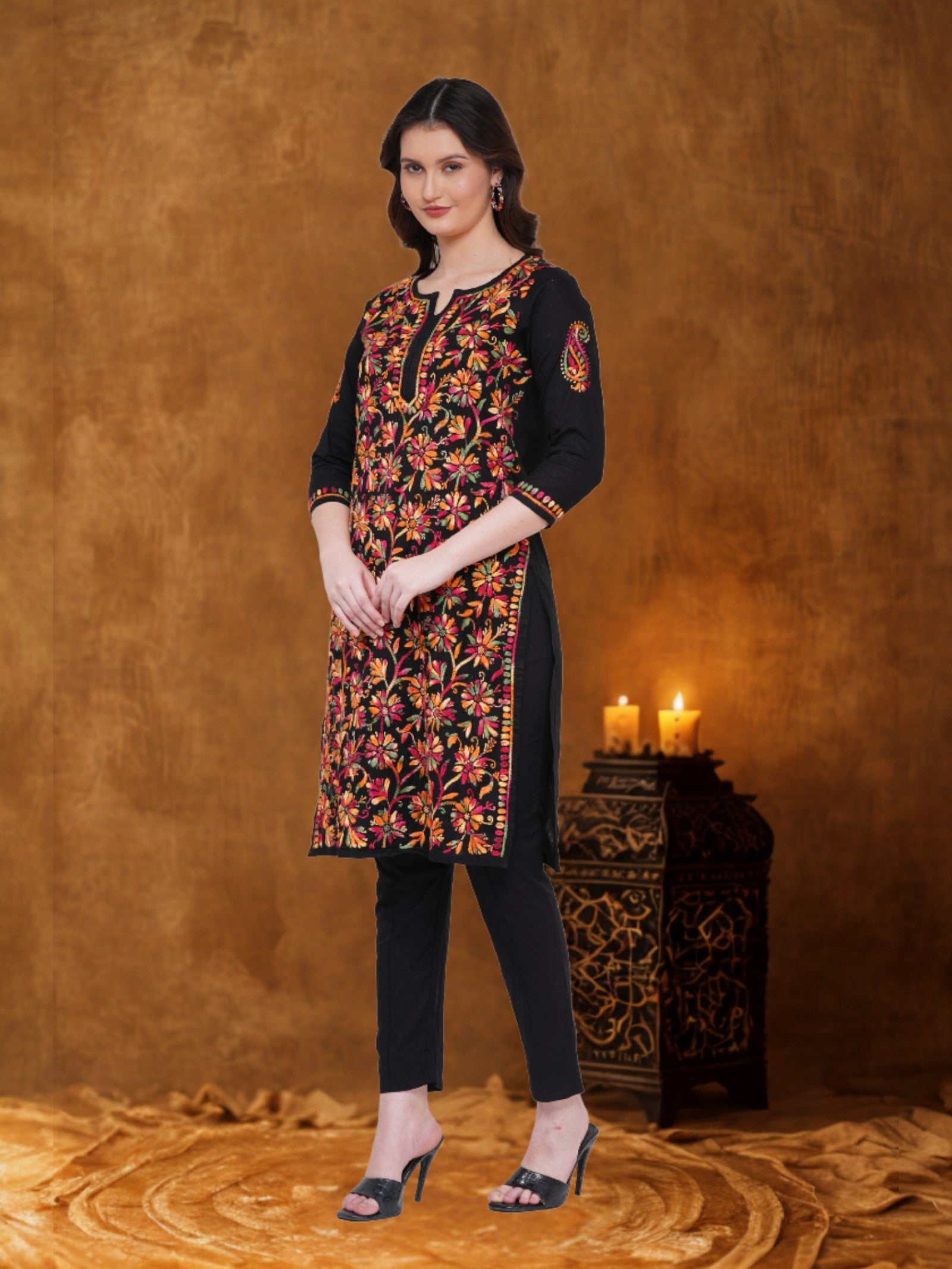 Women’s Black Cotton Multicolor Hand-Embroidered Chikankari Kurta – Round Neck, 3/4 Sleeves, 43 Inch Straight Fit Lucknowi Kurti