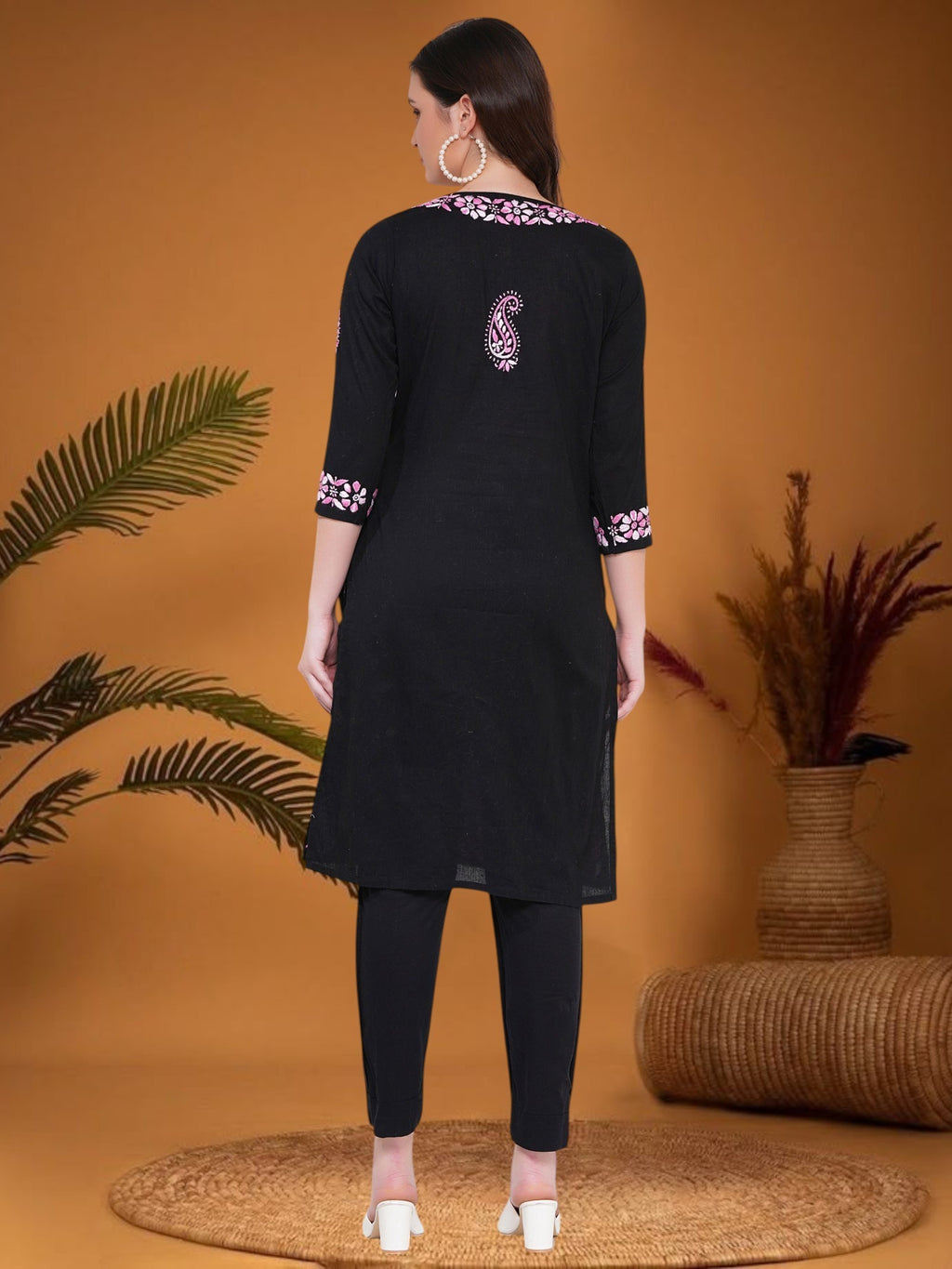 Women's Black/Yellow Cotton Hand Embroidered Chikankari Straight Fit Kurta | Round Neck, 3/4 Sleeves, 43 Inches