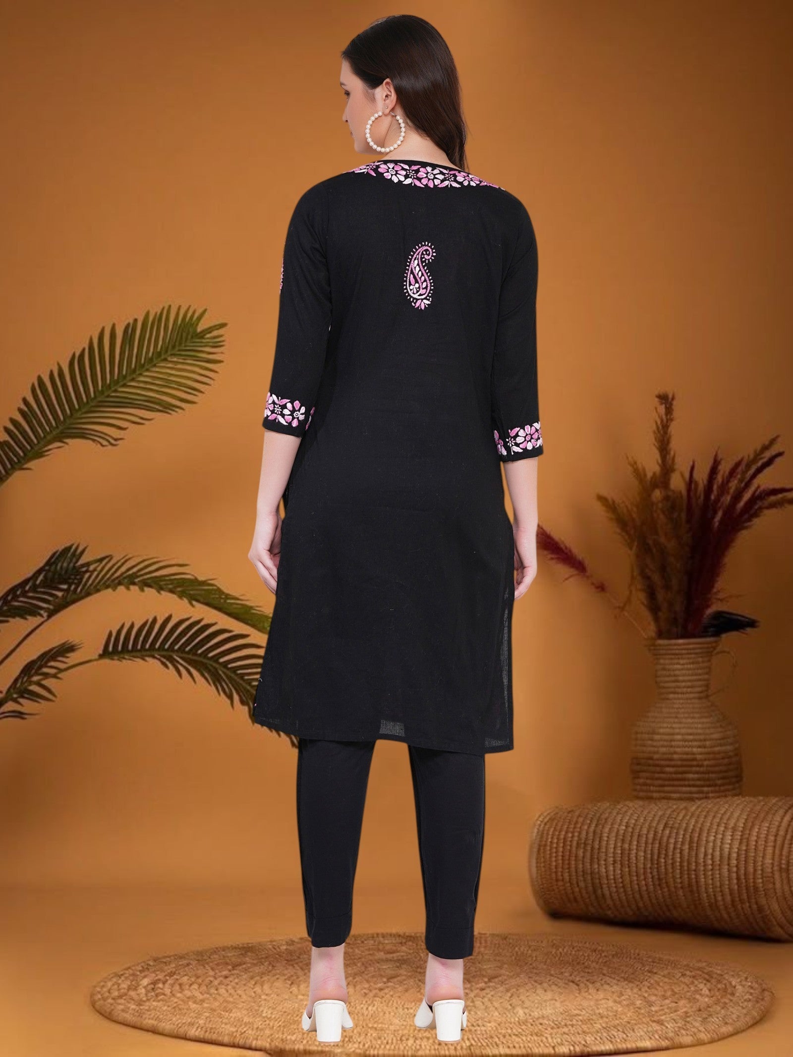 Women's Black/Yellow Cotton Hand Embroidered Chikankari Straight Fit Kurta | Round Neck, 3/4 Sleeves, 43 Inches