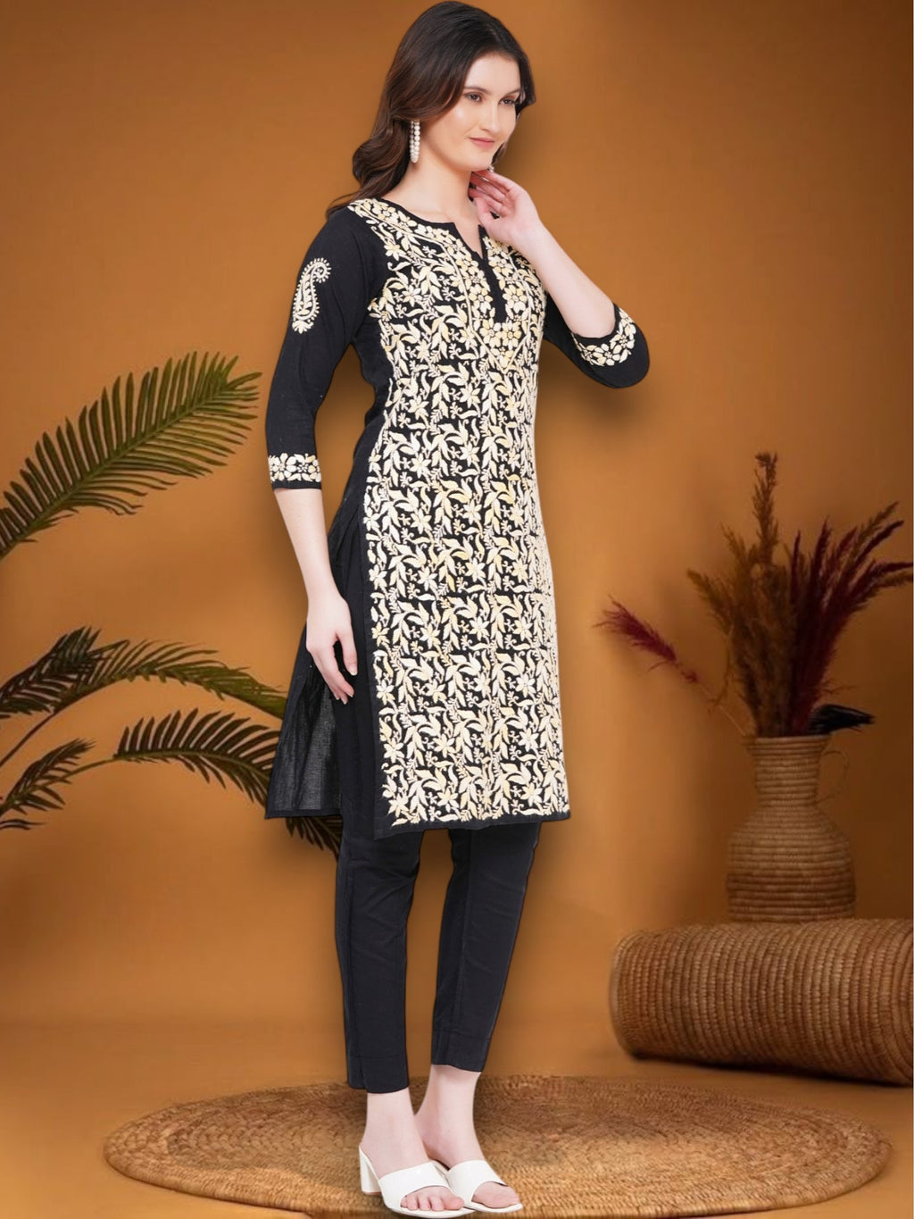 Women's Black/Yellow Cotton Hand Embroidered Chikankari Straight Fit Kurta | Round Neck, 3/4 Sleeves, 43 Inches