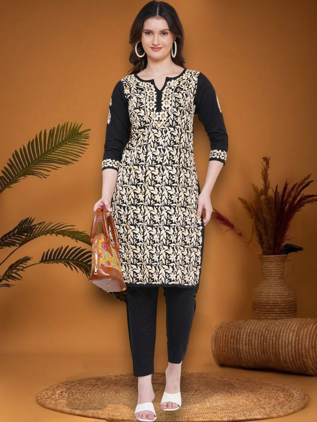 Women's Black/Yellow Cotton Hand Embroidered Chikankari Straight Fit Kurta | Round Neck, 3/4 Sleeves, 43 Inches