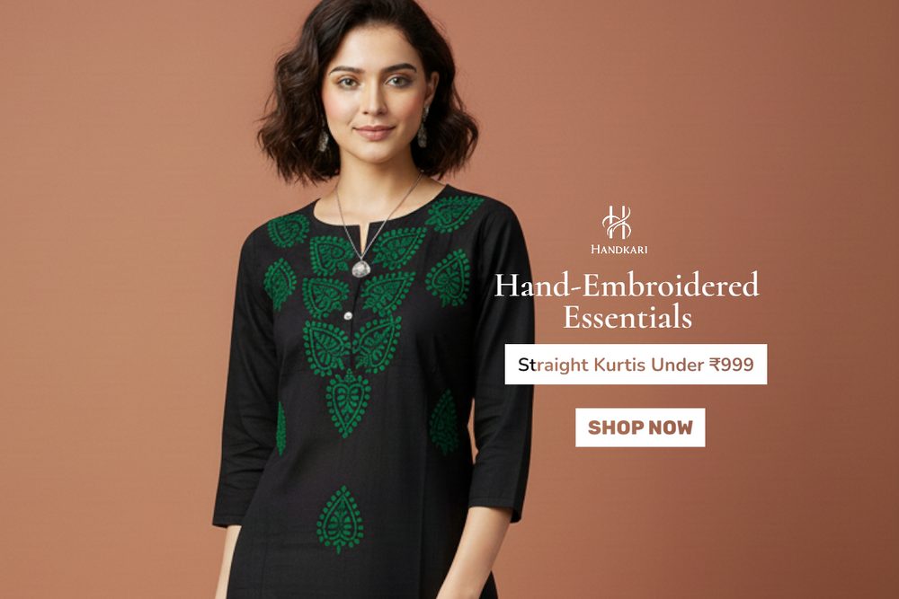 Woman wearing a black and green embroidered kurta with a promotional banner on a brown background