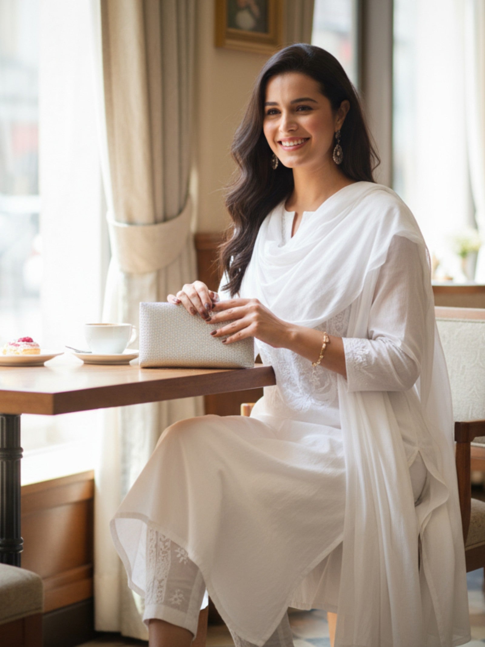 White Women’s Cotton Chikankari Hand Embroidered A-Line Kurta | Round Neck, 3/4 Sleeves, 46 Inch Long Ethnic Wear