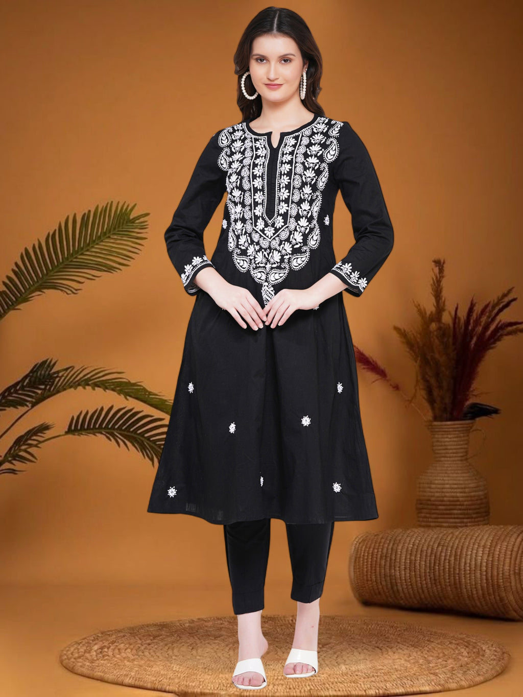 Women’s Cotton Chikankari Hand Embroidered A-Line Kurta | Round Neck, 3/4 Sleeves, 46 Inch Long Ethnic Wear