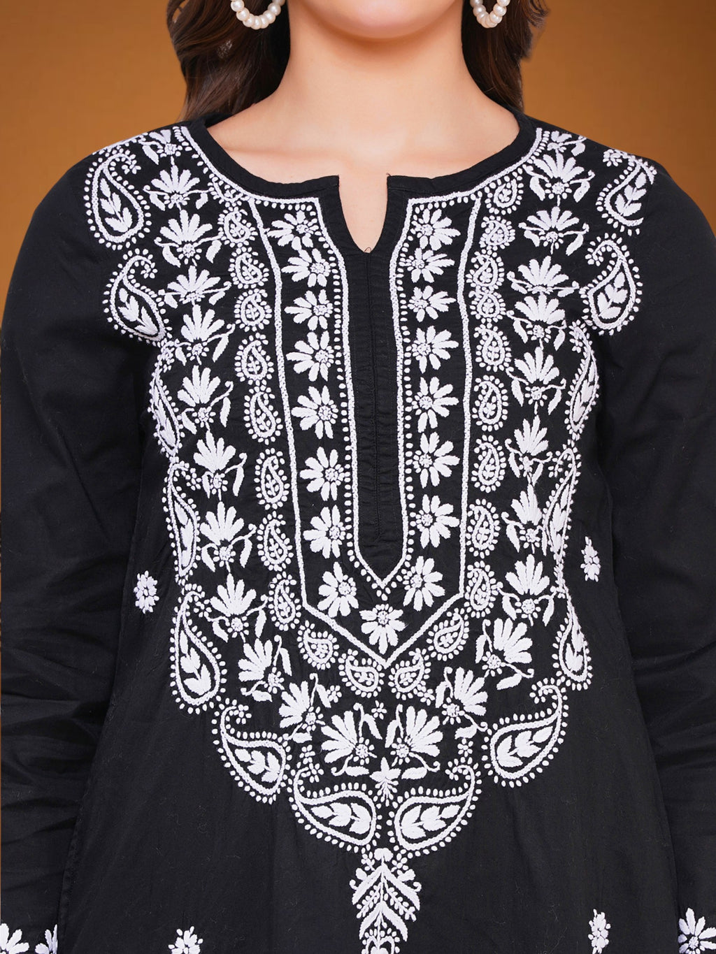 Women’s Cotton Chikankari Hand Embroidered A-Line Kurta | Round Neck, 3/4 Sleeves, 46 Inch Long Ethnic Wear