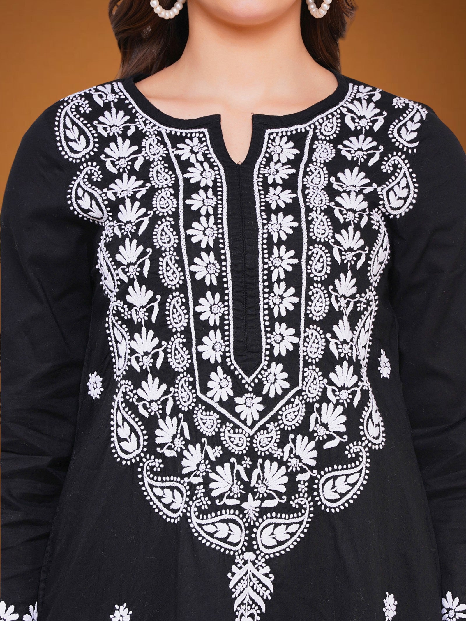 Women’s Cotton Chikankari Hand Embroidered A-Line Kurta | Round Neck, 3/4 Sleeves, 46 Inch Long Ethnic Wear