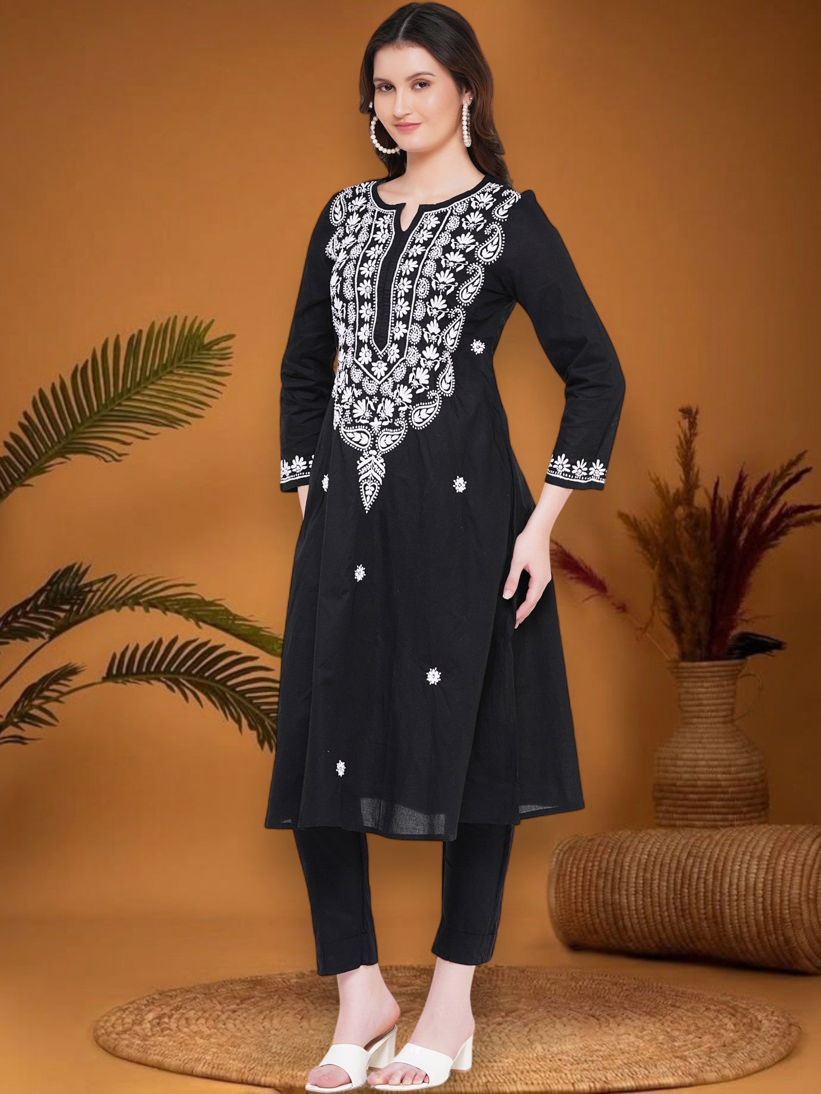 Women’s Cotton Chikankari Hand Embroidered A-Line Kurta | Round Neck, 3/4 Sleeves, 46 Inch Long Ethnic Wear