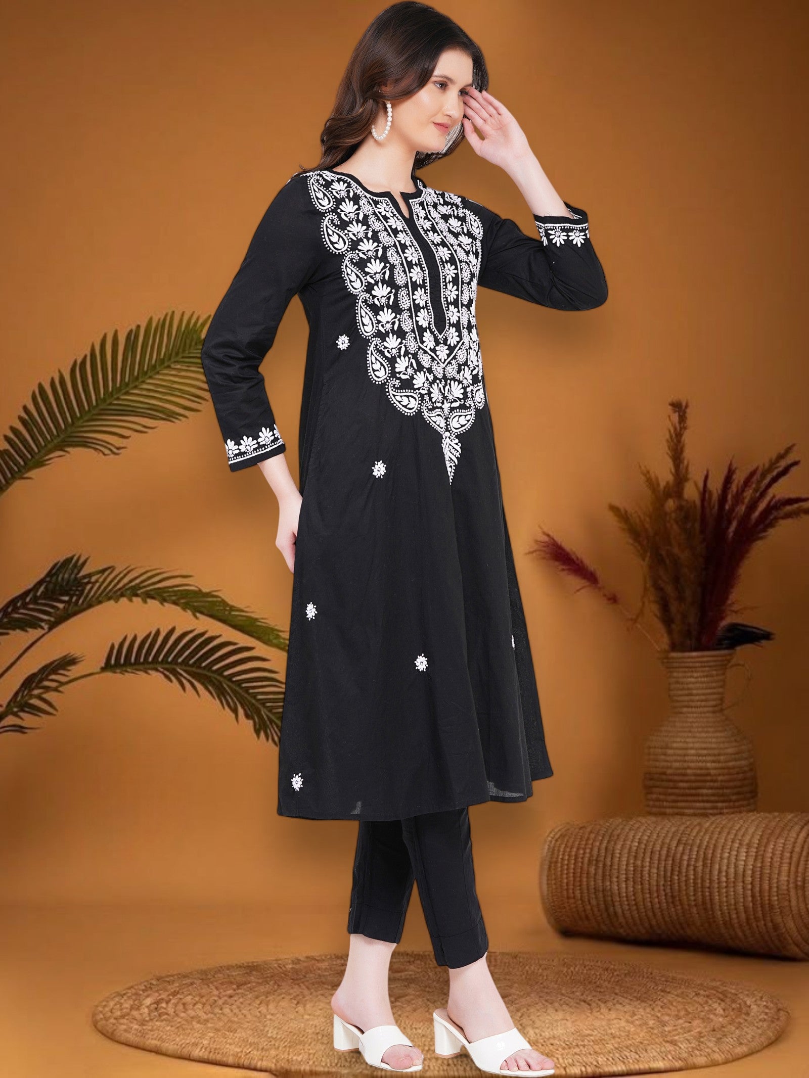 Women’s Cotton Chikankari Hand Embroidered A-Line Kurta | Round Neck, 3/4 Sleeves, 46 Inch Long Ethnic Wear