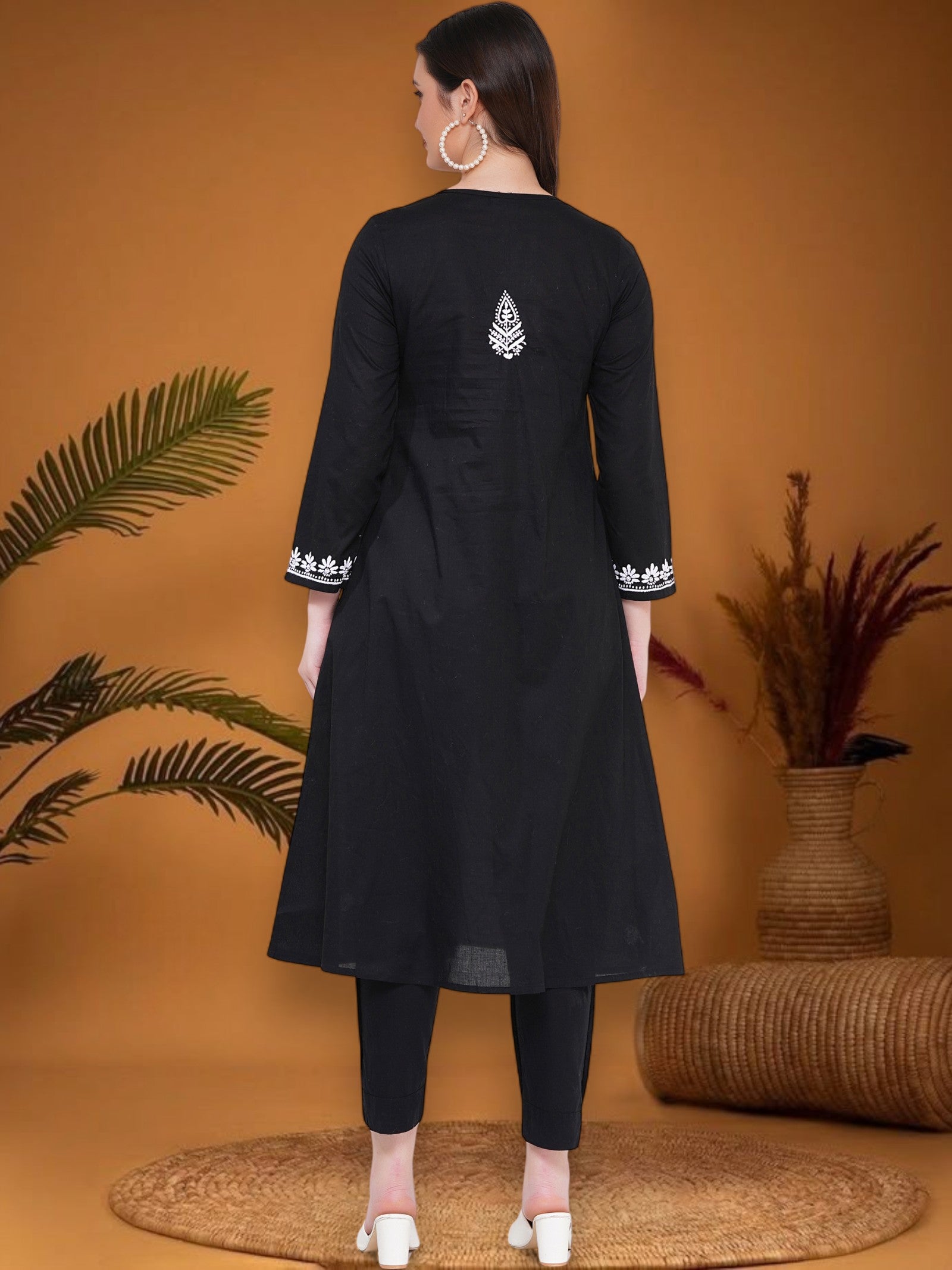 Women’s Cotton Chikankari Hand Embroidered A-Line Kurta | Round Neck, 3/4 Sleeves, 46 Inch Long Ethnic Wear