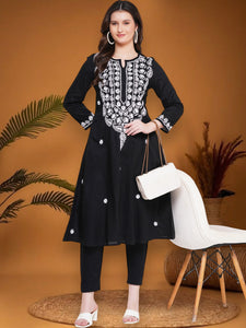 Women’s Cotton Chikankari Hand Embroidered A-Line Kurta | Round Neck, 3/4 Sleeves, 46 Inch Long Ethnic Wear