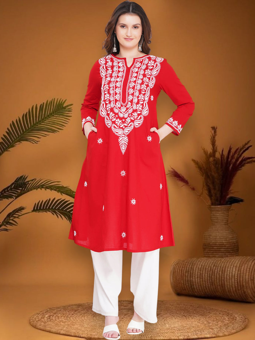 Red Women’s Cotton Chikankari Hand Embroidered A-Line Kurta | Round Neck, 3/4 Sleeves, 46 Inch Long Ethnic Wear