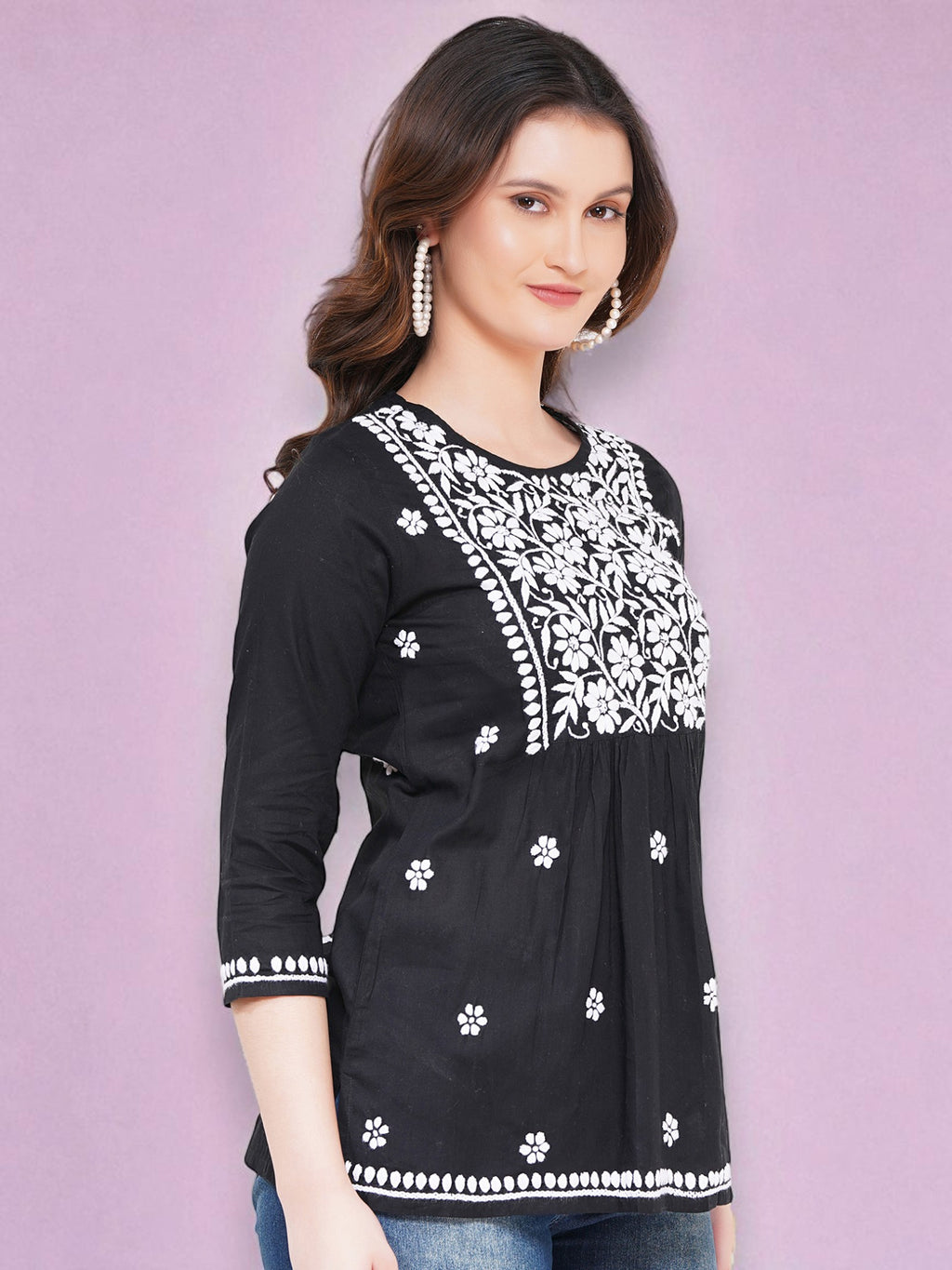 Women's Black Cotton Handcrafted Chikankari Straight Cut Tunic Top | Round Neck, 3/4 Sleeves, 27 Inches