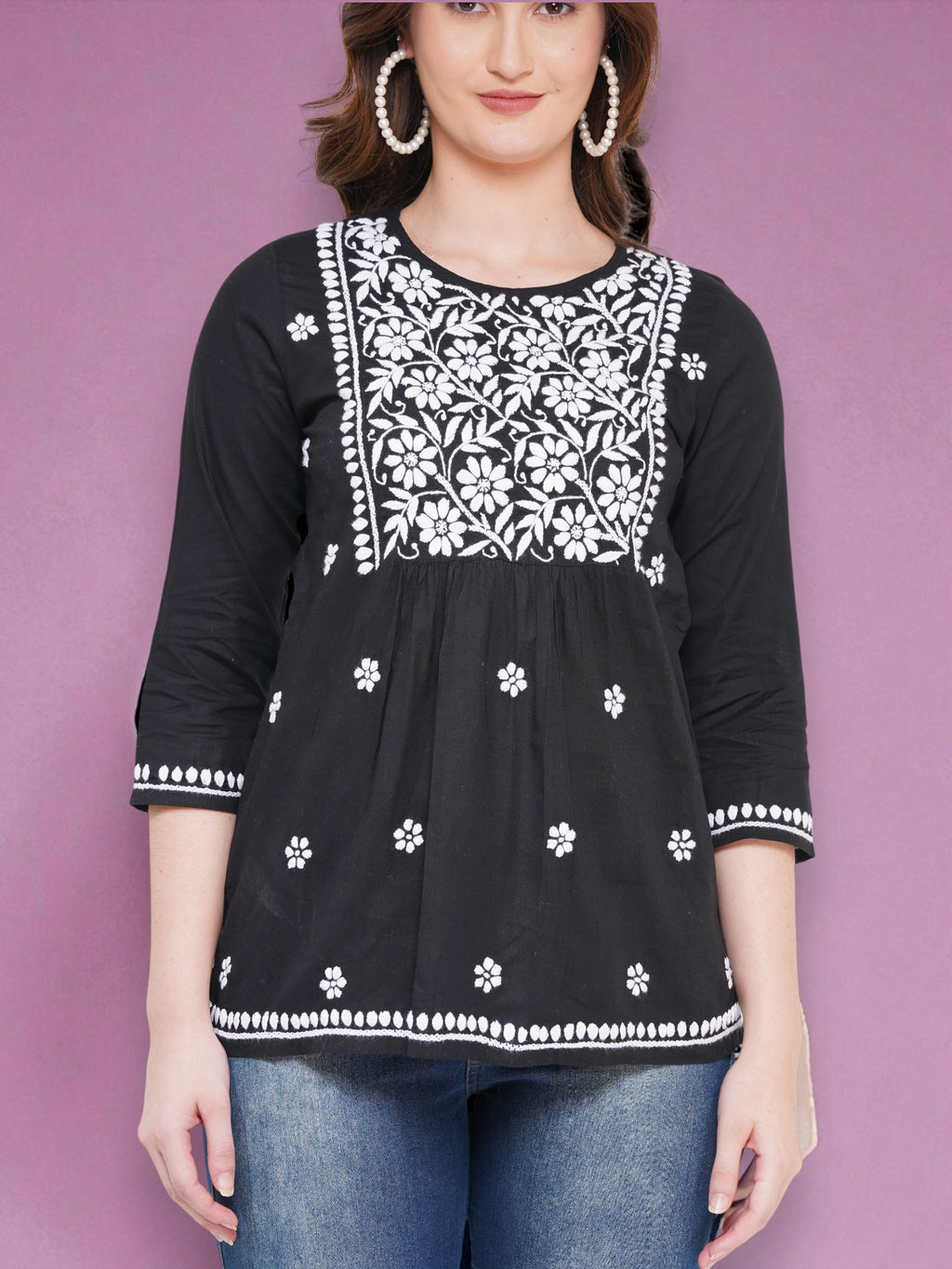 Women's Black Cotton Handcrafted Chikankari Straight Cut Tunic Top | Round Neck, 3/4 Sleeves, 27 Inches
