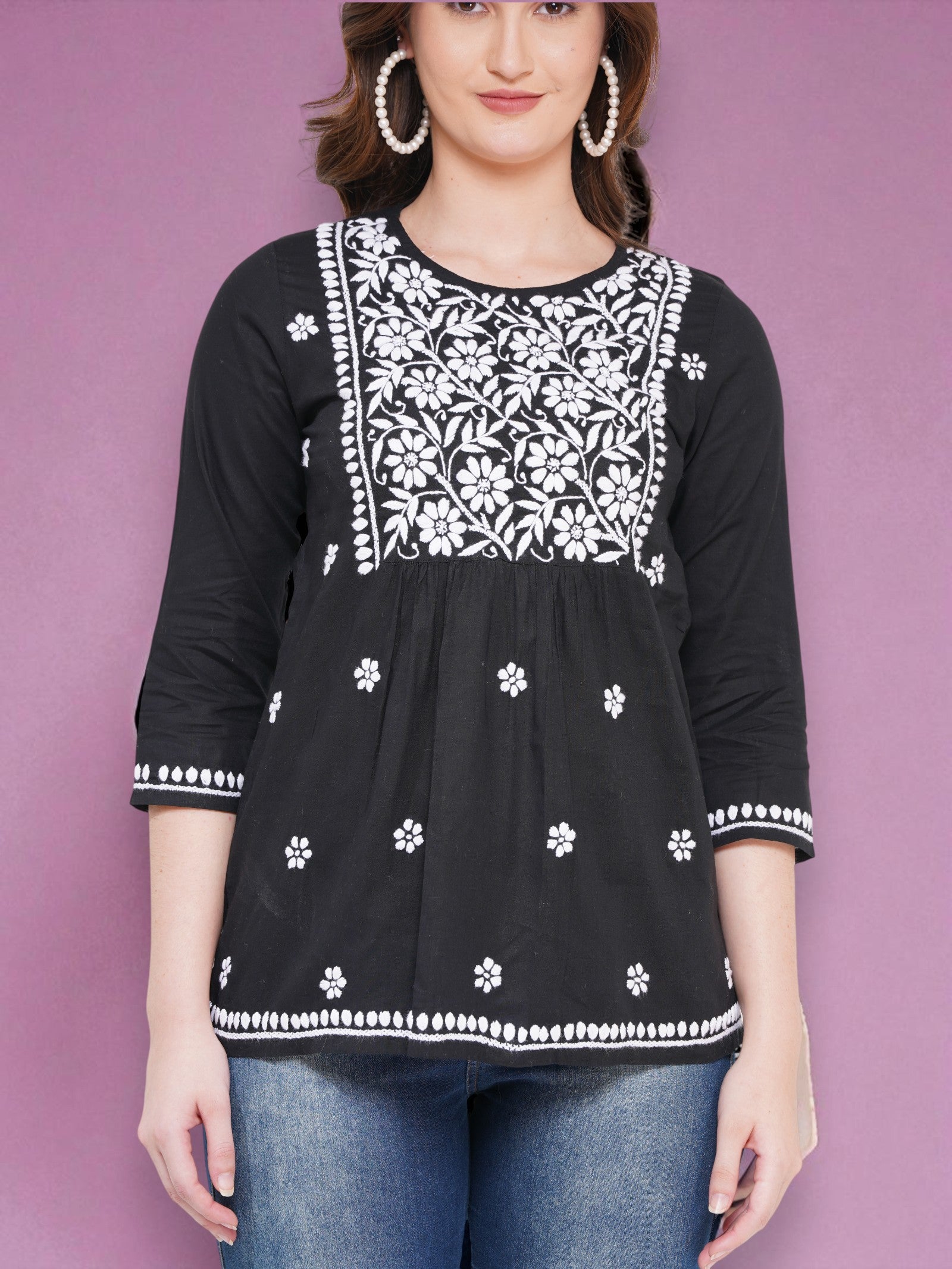 Women's Black Cotton Handcrafted Chikankari Straight Cut Tunic Top | Round Neck, 3/4 Sleeves, 27 Inches