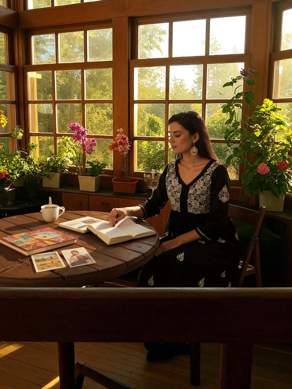 Black Cotton Chikankari V-Neck Kurta for Women | 3/4 Sleeves | 46 Inch Length