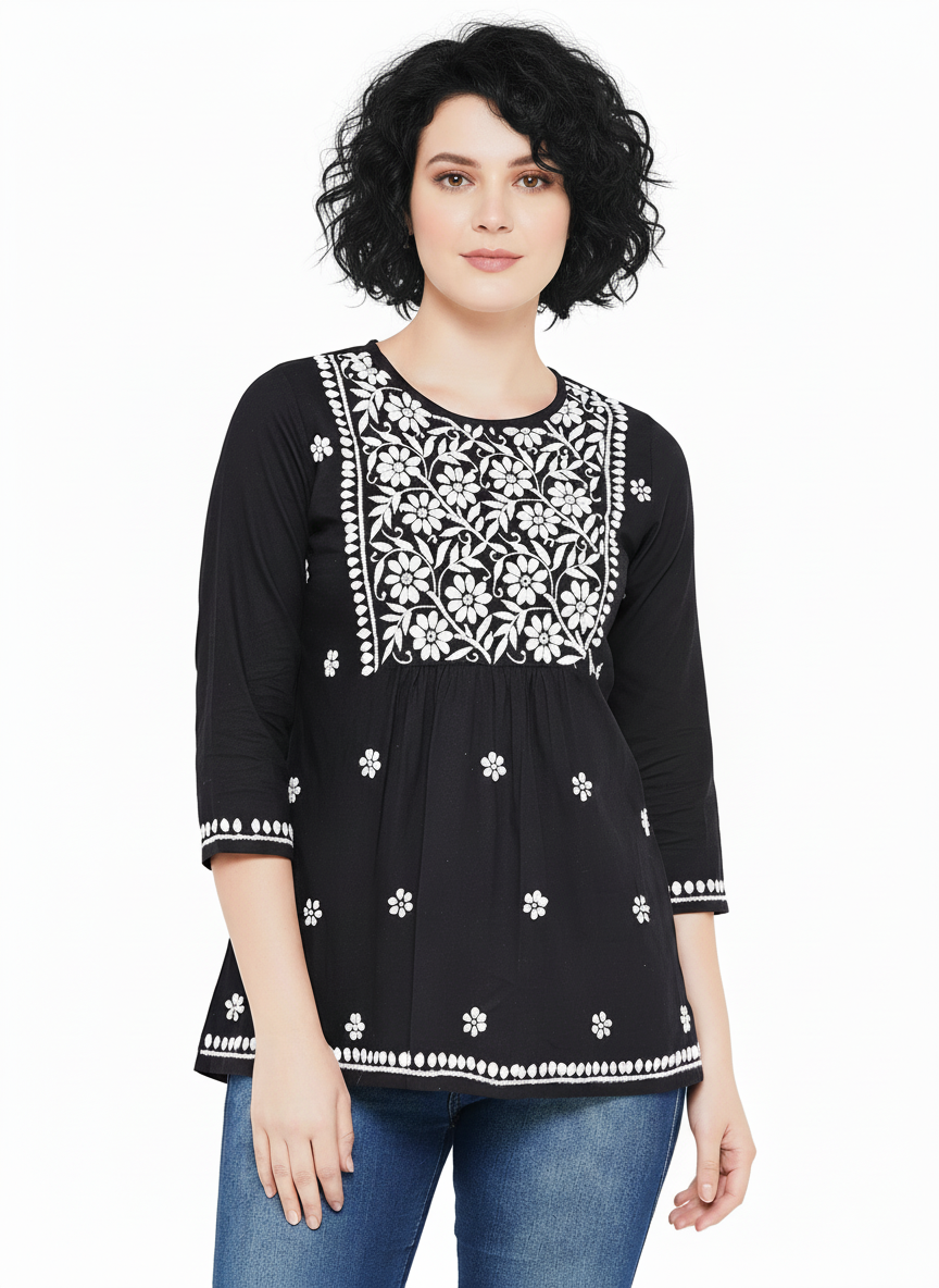 Chikankari Top for Women | Pure Cotton 27 Inch Kurti | Hand Embroidered Lucknowi Kurta