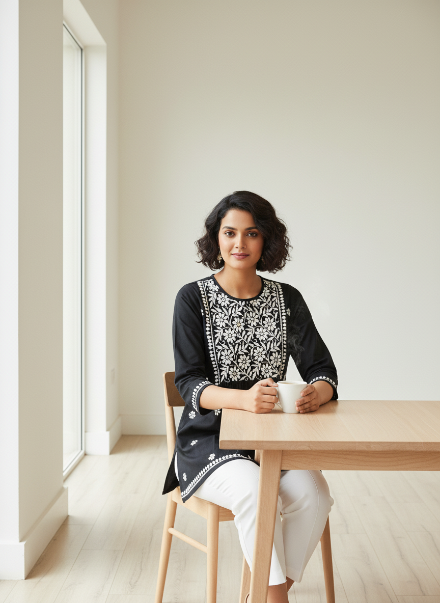 Chikankari Top for Women | Pure Cotton 27 Inch Kurti | Hand Embroidered Lucknowi Kurta