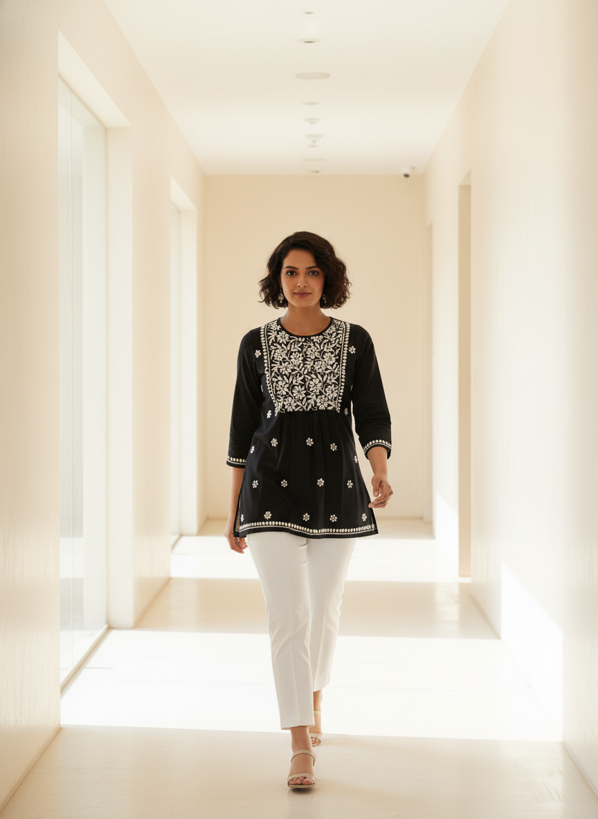 Chikankari Top for Women | Pure Cotton 27 Inch Kurti | Hand Embroidered Lucknowi Kurta